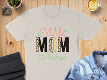 Load image into Gallery viewer, Wife Mom Nurse text with leopard print heart accents on t-shirt.
