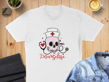 Load image into Gallery viewer, White t-shirt with skull, stethoscope, and #nursethings design.
