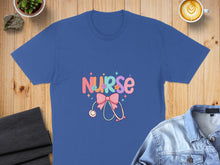Load image into Gallery viewer, Blue t-shirt with "NURSE" in colorful letters and stethoscope.
