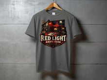 Load image into Gallery viewer, Gray t-shirt with "Red Light Radio Club" graphic depicting vintage radio equipment.
