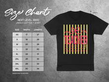 Load image into Gallery viewer, Unisex cotton t-shirt size chart with graphic text "Teacher"
