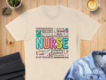 Load image into Gallery viewer, "Nurse" text with medical icons, stethoscope, and related words.
