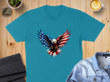 Load image into Gallery viewer, Teal t-shirt featuring a distressed American flag eagle graphic.
