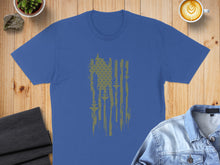 Load image into Gallery viewer, Blue t-shirt with distressed American flag graphic and coffee and denim.

