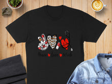 Load image into Gallery viewer, Black t-shirt with "Peace Love Scrub" and medical symbols in leopard print.
