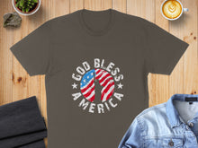 Load image into Gallery viewer, Dark gray t-shirt with "God Bless America" and USA flag design.
