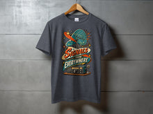 Load image into Gallery viewer, T-shirt with graphic of vintage radio, microphone, and radar dish. Text reads "Signals From Everywhere".
