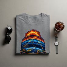 Load image into Gallery viewer, Grey t-shirt with a graphic of Earth, sun, and radio waves, with letters F, E, D.
