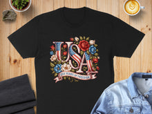 Load image into Gallery viewer, Black t-shirt with "USA 250 Years of Freedom" text and floral USA flag design.
