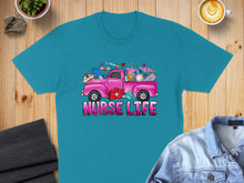 Load image into Gallery viewer, Pink truck with medical supplies and "Nurse Life" text on teal t-shirt.

