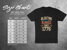 Load image into Gallery viewer, Next Level 3600 unisex cotton t-shirt size chart with dimensions.
