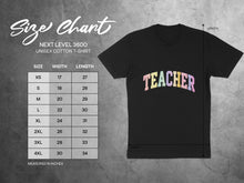 Load image into Gallery viewer, Next Level 3600 unisex cotton t-shirt size chart with measurements in inches.
