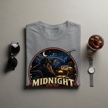 Load image into Gallery viewer, Gray t-shirt with "Midnight DX" design showing man at radio station at night.
