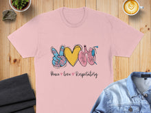 Load image into Gallery viewer, Pink t-shirt with peace sign, heart, and lungs design and text.
