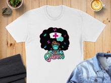 Load image into Gallery viewer, T-shirt design of a nurse with an afro, mask, and stethoscope, text says "Trauma Queen".
