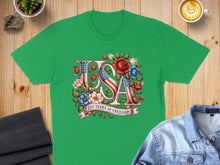Load image into Gallery viewer, Green t-shirt with "USA 250 Years of Freedom" in red, white, and blue lettering and floral design.
