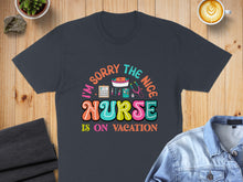 Load image into Gallery viewer, Dark t-shirt with "I'm Sorry the Nice Nurse is on Vacation" text.
