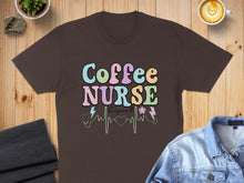 Load image into Gallery viewer, Brown t-shirt with "Coffee Nurse Repeat" text and pastel colors.
