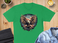 Load image into Gallery viewer, Green t-shirt with an eagle spread wings graphic, American flag background.
