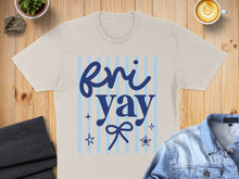 Load image into Gallery viewer, Cream t-shirt with blue striped "Fri Yay" graphic and star accents.
