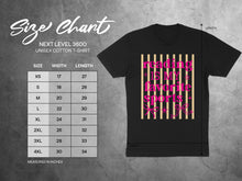 Load image into Gallery viewer, Next Level 3600 unisex t-shirt size chart with width and length measurements.
