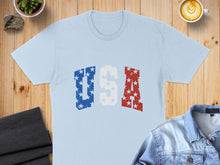 Load image into Gallery viewer, Light blue t-shirt with distressed USA lettering in red, white, and blue stars.
