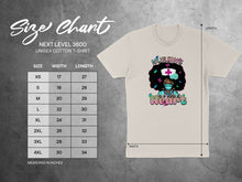 Load image into Gallery viewer, Unisex cotton t-shirt size chart with width and length measurements.
