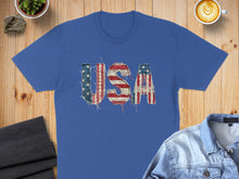 Load image into Gallery viewer, Blue t-shirt with distressed USA lettering in American flag pattern.
