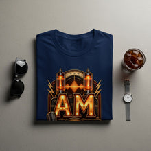 Load image into Gallery viewer, Navy t-shirt with illuminated "AM" logo featuring vintage vacuum tubes and microphone.
