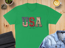 Load image into Gallery viewer, Green t-shirt with distressed "USA EST. 1776" text and American flag elements.
