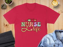 Load image into Gallery viewer, Red t-shirt with "Nurse Life" in colorful retro lettering and a stethoscope.
