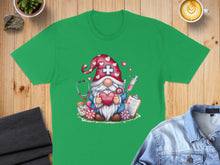 Load image into Gallery viewer, Green t-shirt featuring a gnome nurse with stethoscope, heart, and medical symbols.
