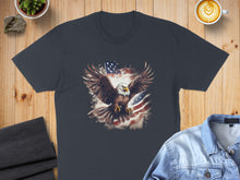 Load image into Gallery viewer, Dark t-shirt with eagle and American flag graphic.
