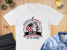 Load image into Gallery viewer, White t-shirt with "Celebrating America's 4th July Semiquincentennial 1776-2026" text and Statue of Liberty graphic.
