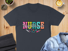 Load image into Gallery viewer, Dark grey t-shirt with "Registered Nurse" text and medical icons.
