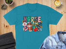 Load image into Gallery viewer, Teal t-shirt with "NURSE" text in colorful, patterned letters.
