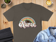 Load image into Gallery viewer, Brown t-shirt with a retro rainbow graphic and "Nurse" text.
