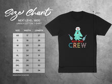 Load image into Gallery viewer, Unisex Next Level 3600 cotton t-shirt size chart with Boo Boo Crew graphic.
