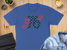 Load image into Gallery viewer, Blue t-shirt with "1776" and stars design in red, white, and blue.

