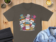 Load image into Gallery viewer, T-shirt graphic with pharmaceutical bottles and hats, featuring "Ativan", "Diazepam", "Fentanyl", and "Naloxone".
