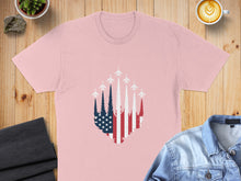 Load image into Gallery viewer, Pink t-shirt with American flag pattern and fighter jets flying upwards.

