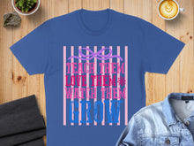 Load image into Gallery viewer, Blue t-shirt with pink and blue striped text reading "Teach Them, Love Them, Watch Them Grow".
