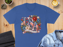 Load image into Gallery viewer, Blue t-shirt with "USA 250 Years of Freedom" text and floral American flag design.
