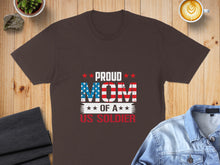 Load image into Gallery viewer, Proud US Soldier mom graphic on a dark brown t-shirt.
