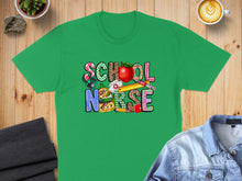 Load image into Gallery viewer, Green t-shirt with colorful "SCHOOL NURSE" text and school supply graphics.
