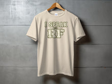 Load image into Gallery viewer, Cream t-shirt with "I SPEAK RF" text and waveform graphic.
