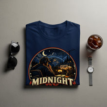 Load image into Gallery viewer, Dark blue t-shirt with "Midnight DX" graphic of man at radio at night.
