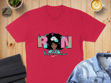 Load image into Gallery viewer, Red t-shirt with "RN Registered Nurse" design featuring a woman and butterflies.
