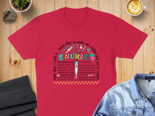 Load image into Gallery viewer, Red t-shirt with "Nurse" and medical terms circle design.
