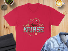 Load image into Gallery viewer, Red t-shirt with "School Nurse" text, stethoscope, and heart graphic.
